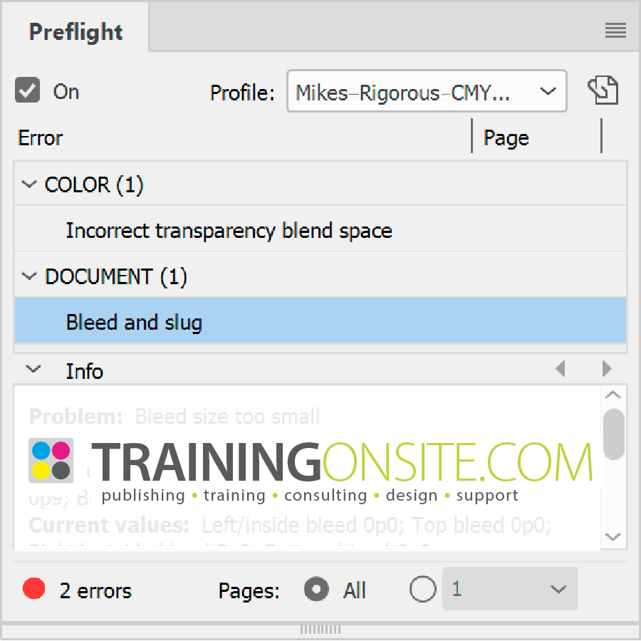 InDesign Preflight panel